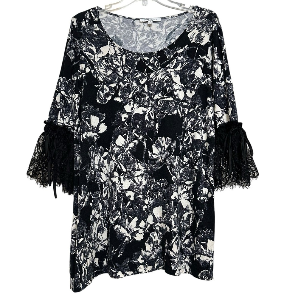 Rose‎ & Olive Ivory Black Dark Floral Tunic 1X Lace Sleeves Whimsigoth Fairycore